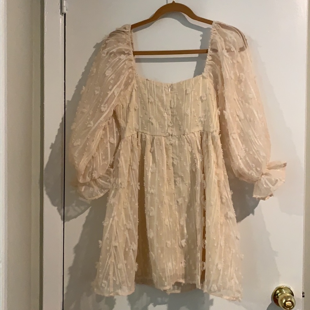 Textured Cream Dress with Puff Sleeves